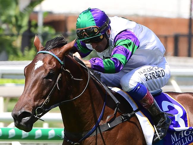 Alpine Edge ridden by Robbie Fradd wins the BJ McLachlan Stakes at Eagle Farm. Picture: Trackside Photography