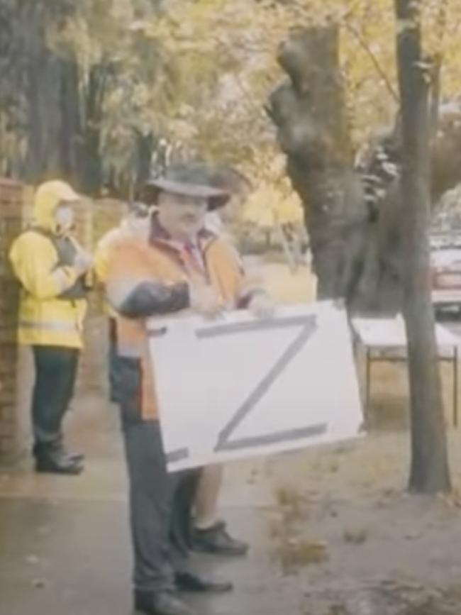 Upsetting footage has shown a pro-Putin activist erecting a supposed anti-Ukraine military symbol outside Sydney’s Russian consulate. Picture: YouTube/AussieCossack