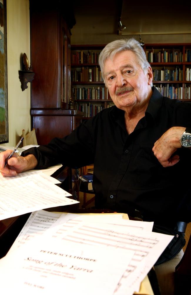 died after a long illness ... Classical composer Peter Sculthorpe with his piece titled 'Song of the Yarra' for the Melbourne Symphony Orchestra. Picture: Katrina Tepper