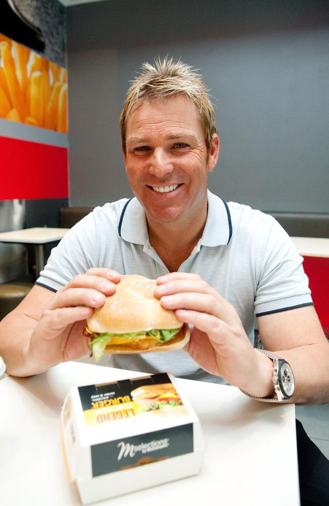 Former Australian cricket player Shane Warne attends the launch event for his new McDonald's burger, "The Legend" at the Broadway McDonald's on November 17, 2010 in Sydney. Picture: Caroline McCredie/Getty Images