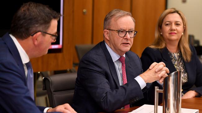 Daniel Andrews, Anthony Albanese and Annastacia Palaszczuk meet with other state premiers for national cabinet in Brisbane. Picture: NCA NewsWire / John Gass