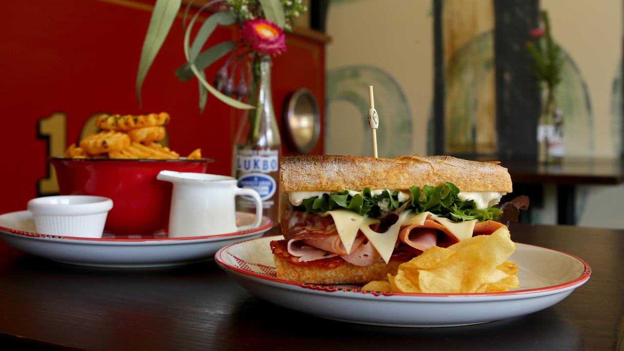 The Italian sandwich with waffle fries at Woolloongabba’s Mr Badgers. Picture: David Clark