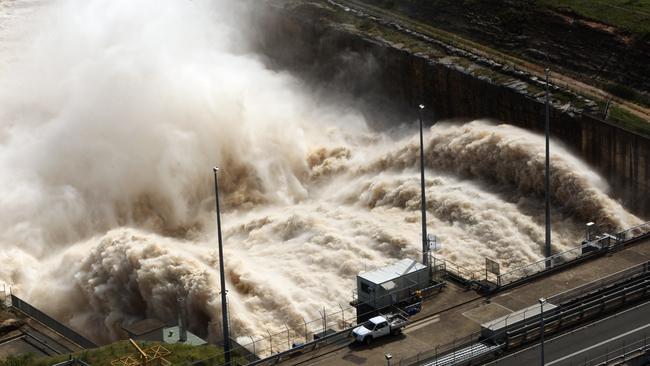 Raging torrent of water being released by Wivenhoe Dam into the Brisbane River after flooding rains in 2011.