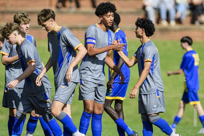 Churchie celebrate a goal against TGS in Round 4 GPS First XI football competition at Grammar, Saturday, May 17, 2025. Picture: Kevin Farmer