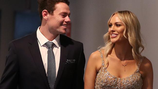 Brownlow Medal in Brisbane.   18/10/2020 . Brisbanes Lachie Neale and wife Julie arrive . Pic: Michael Klein