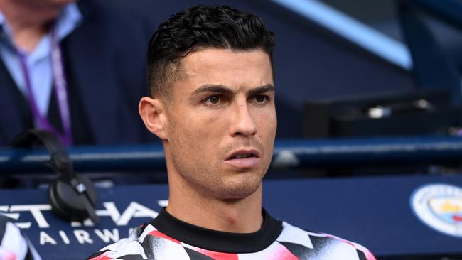 MANCHESTER, ENGLAND - OCTOBER 02: Cristiano Ronaldo of Manchester United looks on during the Premier League match between Manchester City and Manchester United at Etihad Stadium on October 02, 2022 in Manchester, England. (Photo by Laurence Griffiths/Getty Images)