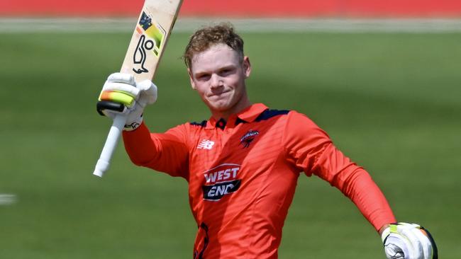 Jake Fraser-McGurk celebrates bringing up his record-breaking century. Picture: Getty