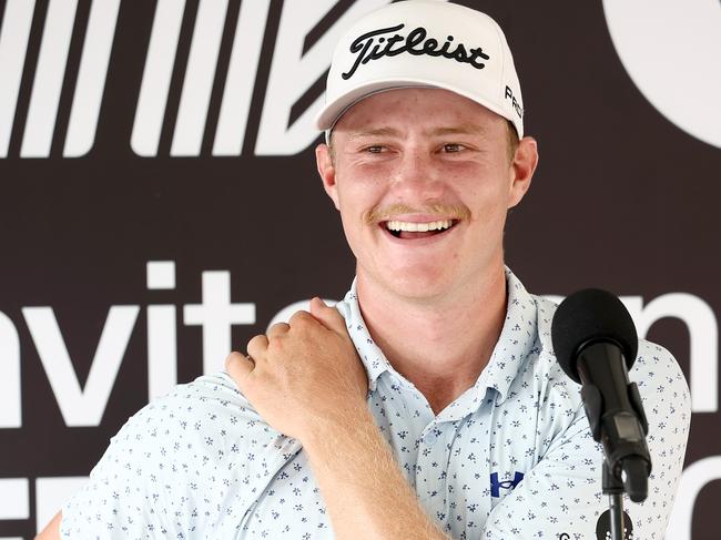 JEDDAH, SAUDI ARABIA - OCTOBER 14: Jed Morgan of Torque GC speaks to the media during a press conference during day one of the LIV Golf Invitational - Jeddah at Royal Greens Golf & Country Club on October 14, 2022 in King Abdullah Economic City, Saudi Arabia. (Photo by Joe Scarnici/LIV Golf via Getty Images)