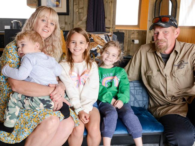 Louise and Rufus Scheffers with grandchildren Violet, Scarlett and Tyson at their Reedy Creek Retreat, near Mannum, March 24, 2023. Picture Brenton Edwards