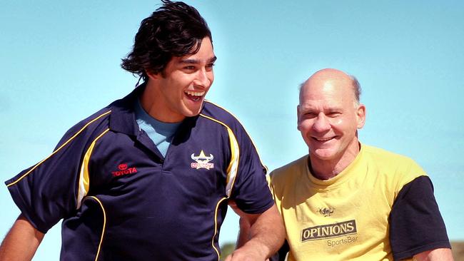 Johnny Mayes (right) meets a young Johnathan Thurston in 2005. Photo: Bob Finlayson