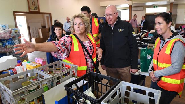 Governor-General David Hurley visits a relief centre in Bairnsdale, East Gippsland, Victoria. Picture: AAP