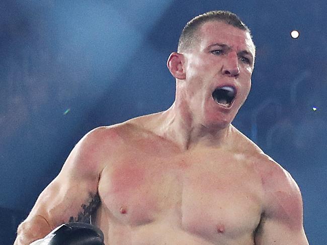 WOLLONGONG, AUSTRALIA - APRIL 21: Paul Gallen celebrates defeating Lucas Browne by TKO during their bout at WIN Entertainment Centre on April 21, 2021 in Wollongong, Australia. (Photo by Mark Metcalfe/Getty Images)