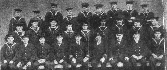 Officers and crew from the AE1 and AE2 pose together in Portsmouth, UK, before the vessels made the long journey to Australia in 1914. Picture: Australian National Maritime Museum Collection