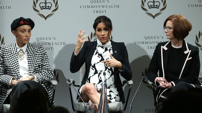 British model Adwoa Aboah, Meghan, Duchess of Sussex and former Australian Prime Minister Julia Gillard attend a panel discussion to mark International Women's Day on March 8, 2019 in London, England. Picture: Daniel Leal-Olivas – WPA Pool/Getty Images