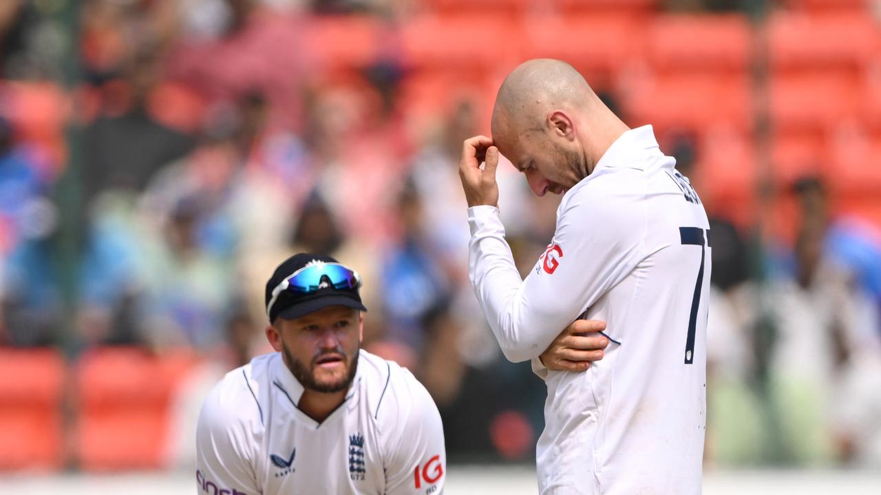HYDERABAD, INDIA - JANUARY 26: Jack Leach and Ben Duckett of England hang their heads after an appeal is turned down during day two of the 1st Test Match between India and England at Rajiv Gandhi International Stadium on January 26, 2024 in Hyderabad, India. (Photo by Stu Forster/Getty Images)