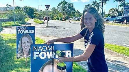 Naomi Fowler, Division 2 candidate in the 2024 Gold Coast City Council election, fixing her corflutes after vandals removed 100 signs.