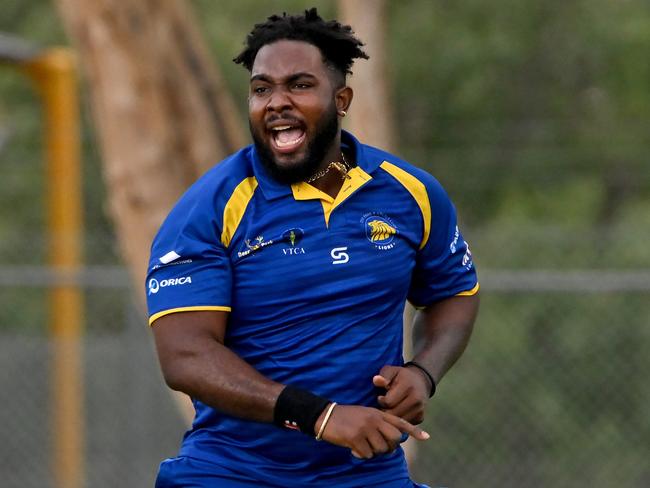 Deer ParkÃs Roshon Primus celebrates the wicket of Luke Smith during the VTCA grand final cricket match between Deer Park and St Francis de Sales in Deer Park, Saturday, March 19, 2022. Picture:Andy Brownbill