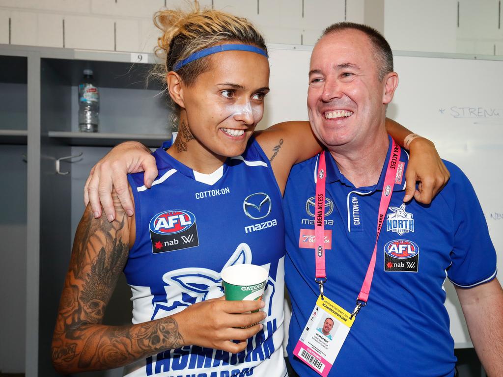 Mo Hope with Scott Gowans after North Melbourne’s win over Carlton. 