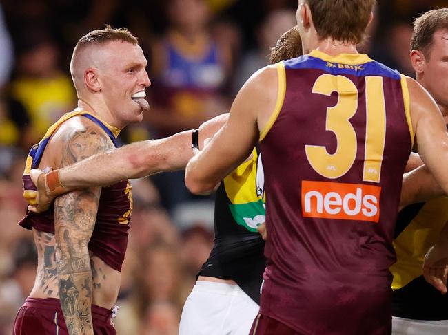 BRISBANE, AUSTRALIA - OCTOBER 02: Mitch Robinson of the Lions (left) is seen during the 2020 AFL Second Qualifying Final match between the Brisbane Lions and the Richmond Tigers at The Gabba on October 02, 2020 in Brisbane, Australia. (Photo by Michael Willson/AFL Photos via Getty Images)