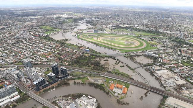 An aerial image of the Flemington floods. Picture: David Caird