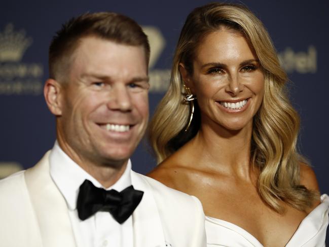 MELBOURNE, AUSTRALIA - FEBRUARY 10: David Warner (L) and Candice Warner arrive ahead of the 2020 Cricket Australia Awards at Crown Palladium on February 10, 2020 in Melbourne, Australia. (Photo by Daniel Pockett/Getty Images)