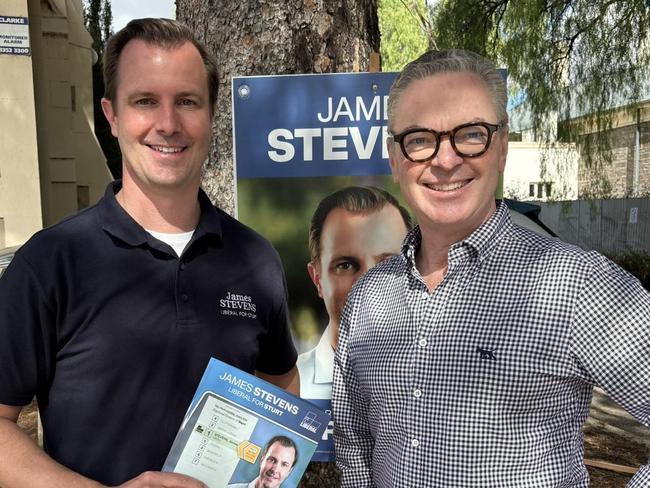 Sturt's James Stevens campaigning with former local MP Christopher Pyne. Picture: Facebook Caption two: Sturt's James Stevens campaigning with Liberal Leader Peter Dutton. Picture: Facebook