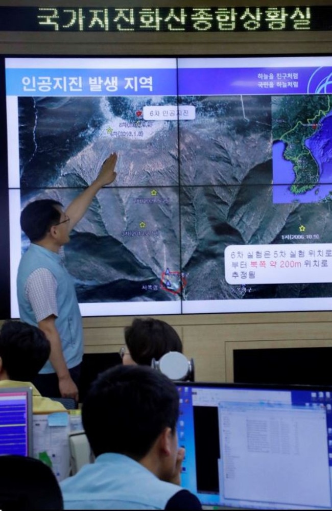 Yoo Yong-kyu, an official at the national earthquake situation room of the Korea Meteorological Administration in Seoul, explains the location of an earthquake detected from North Korea's nuclear test site in Punggye-ri. Picture: AAP /Yonhap