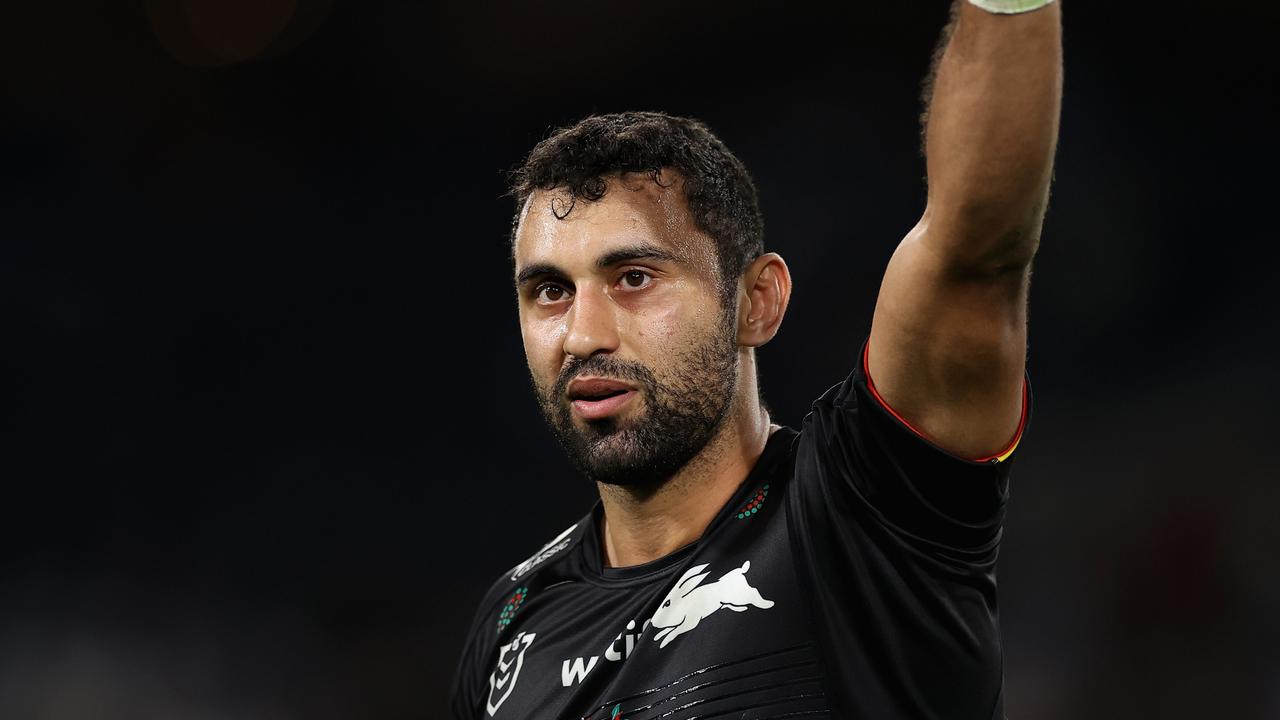 SYDNEY, AUSTRALIA - MAY 28: Alex Johnston of the Rabbitohs thanks fans after winning the round 12 NRL match between the South Sydney Rabbitohs and the Wests Tigers at Accor Stadium, on May 28, 2022, in Sydney, Australia. (Photo by Cameron Spencer/Getty Images)