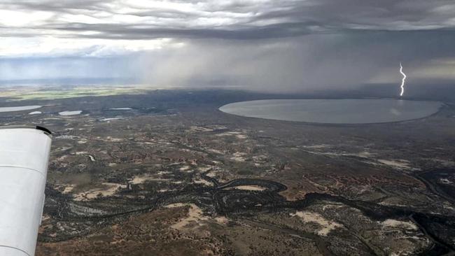 A spectacular aerial view of Lake Menindee, which is flooding and forcing the evacuation of nearby residents. Picture: Michael Tregear/Twitter