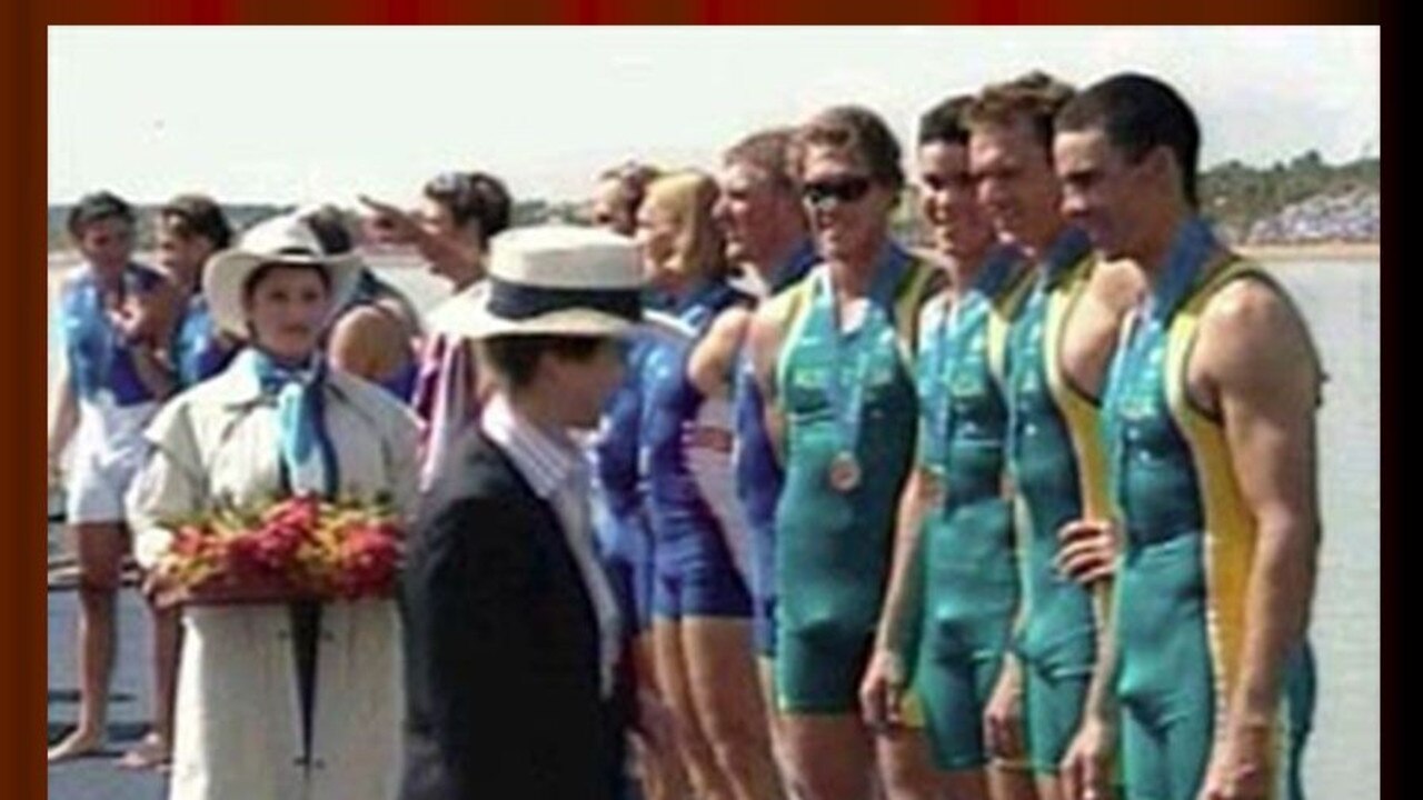 OCTOBER, 2003: Princess Anne presenting Olympic medals to Australian men's coxless fours at Sydney 2000 Games at Penrith.