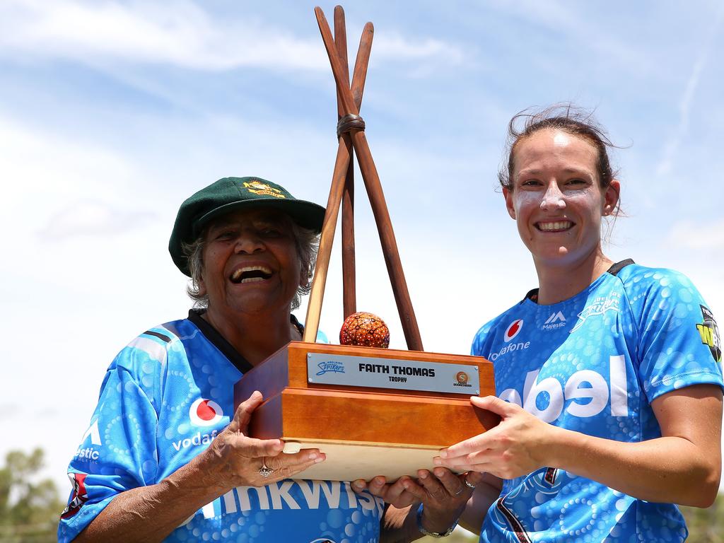 Faith Thomas (left) is a legend of Australian sport you probably don’t know much about — but you should. She became the first Indigenous Australian to represent her country in a team sport. Not just cricket, not just women’s cricket, but any team sport. She dominated club cricket in Adelaide in the 1950s and played one Test for her country. Here she is, a smile as wide as Australia, rocking her baggy green, alongside Australian bowler Megan Schutt ahead of a WBBL match in Alice Springs for the Faith Thomas trophy. Thomas’ pioneering ways have left a lasting legacy on cricket Down Under. Picture: Jason McCawley/Getty Images.