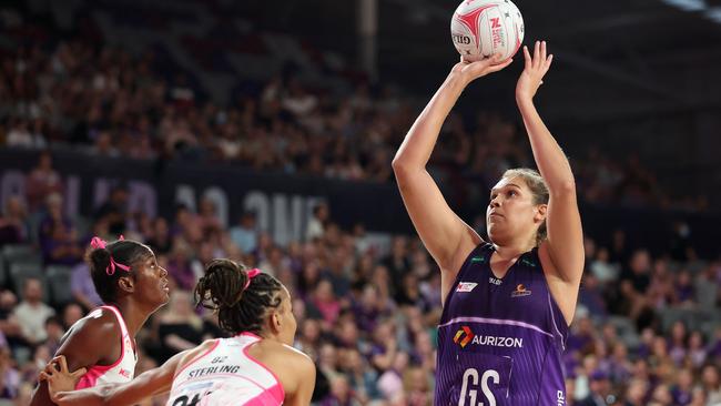 Donnell Wallam of the Firebirds shoots during the round five Super Netball match between Queensland Firebirds and Adelaide Thunderbirds at Nissan Arena. Photo: Getty Images