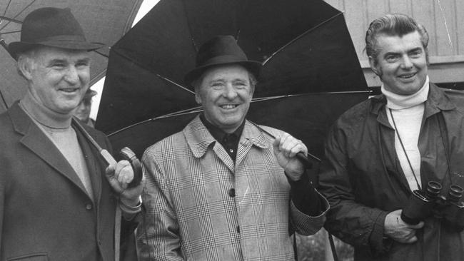 Racehorse trainers Colin Hayes, Tommy Smith and Bart Cummings at Flemington.