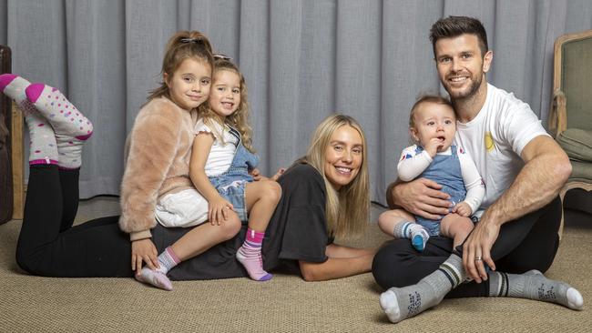 Trent Cotchin, wife Brooke and their three children – Harper, Mackenzie and Parker – launched Posisocks during the pandemic. Picture: Tim Carrafa