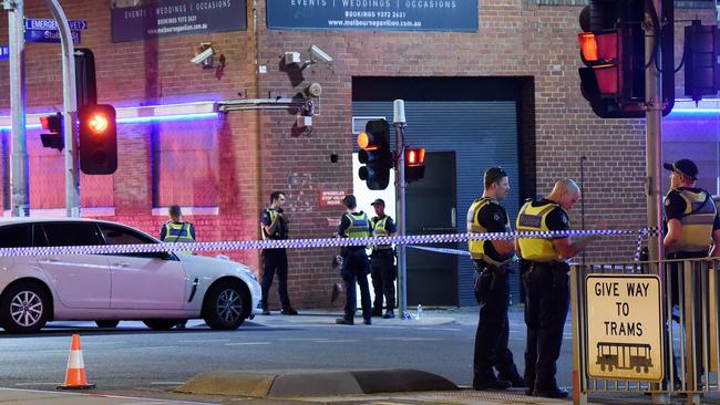 Three people were shot outside the Melbourne Pavillion in March last year. Picture: Lawrence Pinder