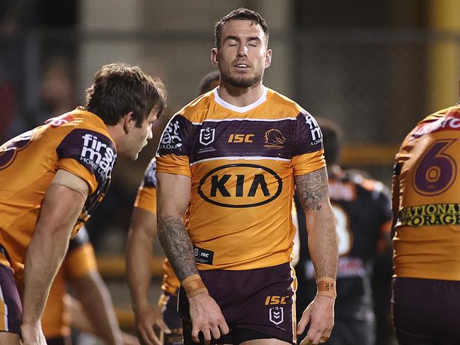 SYDNEY, AUSTRALIA - JULY 17: Darius Boyd of the Broncos and his team mates look dejected during the round 10 NRL match between the Wests Tigers and the Brisbane Broncos at Leichhardt Oval on July 17, 2020 in Sydney, Australia. (Photo by Cameron Spencer/Getty Images)