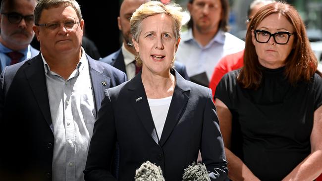 ACTU secretary Sally McManus and labour hire workers in Brisbane. Picture: NewsWire / John Gass