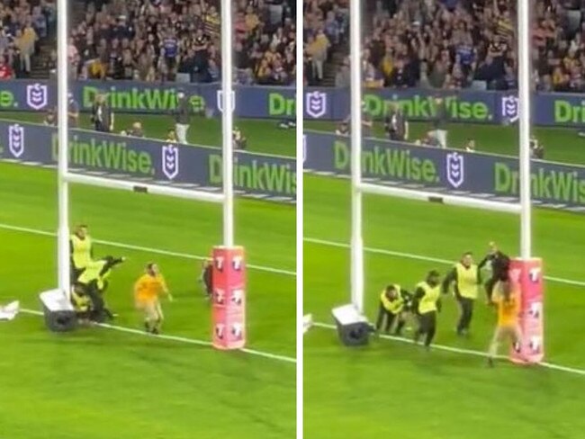 An intruder runs onto the field during the NRL Grand Final.