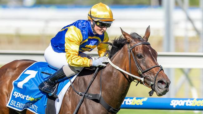 Silent Surrente, ridden by Rochelle Milnes, wins the Adelaide Cup at Morphettville on Monday. Picture: Makoto Kaneko