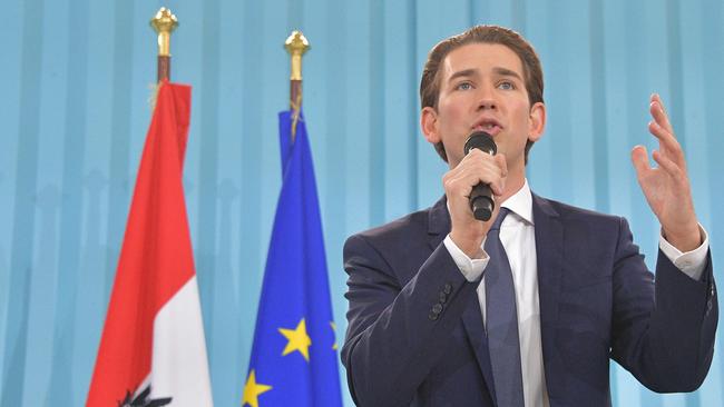 Austria's Foreign Minister and leader of Austria's centre-right People's Party (OeVP) Sebastian Kurz speaks to supporters during the party's election event in Vienna, Austria. Picture: Joe Klamar