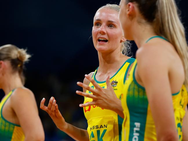 PERTH, AUSTRALIA - OCTOBER 27: Rudi Ellis of Australia reacts after the loss during game three of the Constellation Cup between Australia Diamonds and Silver Ferns at RAC Arena on October 27, 2024 in Perth, Australia. (Photo by James Worsfold/Getty Images)