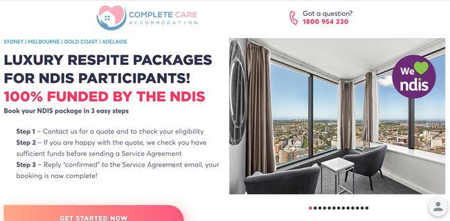 A screen grab from Complete Care Accommodation website, a company selling luxury respite for NDIS participants.