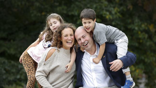 Federal Treasurer Josh Frydenberg with wife Amie and children Gemma, 6, and Blake, 4. Picture: David Caird