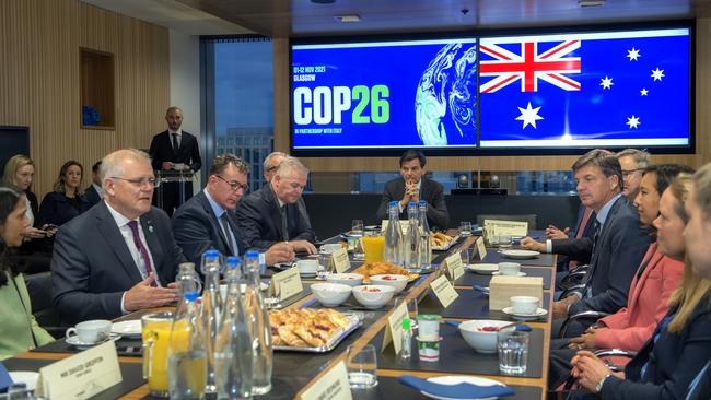 Prime Minister Scott Morrison hosts a breakfast with Australian business leaders at Glasgow’s COP26 summit. Picture: Annabel Moeller