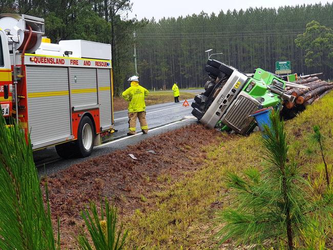 The scene of a logging tuck rollover on Monday  at the intersection of Maryborough Cooloola Rd and Tin Can Bay Rd. Photo: Frances Klein