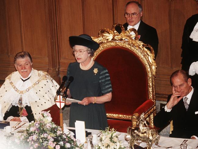 Teh Queen during her famous “annus horribilis’ speech at London’s Guildhall in 1992. Picture: Anwar Hussein/Getty Images