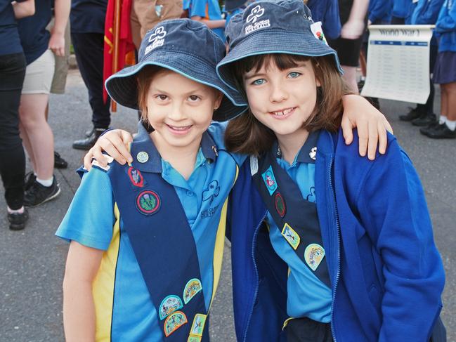 Amelie Symonds (R) with friend and fellow Guide Alana Green. “My friend and I at an Anzac Day march”. Picture: Lara Symonds