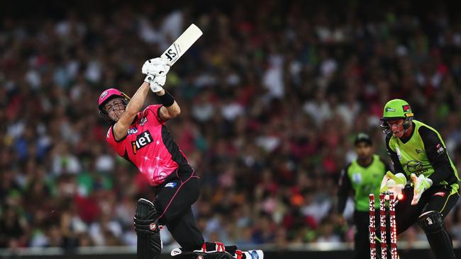 Sydney Sixers’ England import Joe Denly is out bowled. Picture: Brett Costello