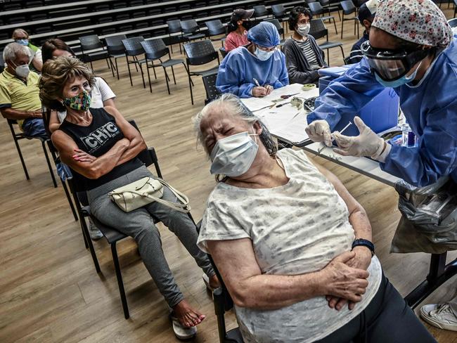 A woman receives the AstraZeneca vaccine in Medellin, Colombia. Picture: AFP