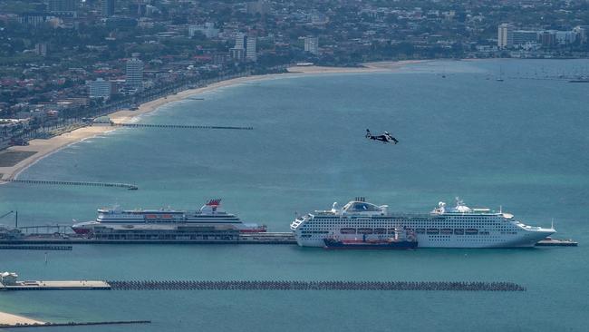 The Spirit of Tasmania and a cruise ship docked at Station Pier, Port Melbourne.